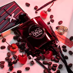 Yves Saint Laurent Black Opium Eau de Parfum Over Red with Cherry & Coffee